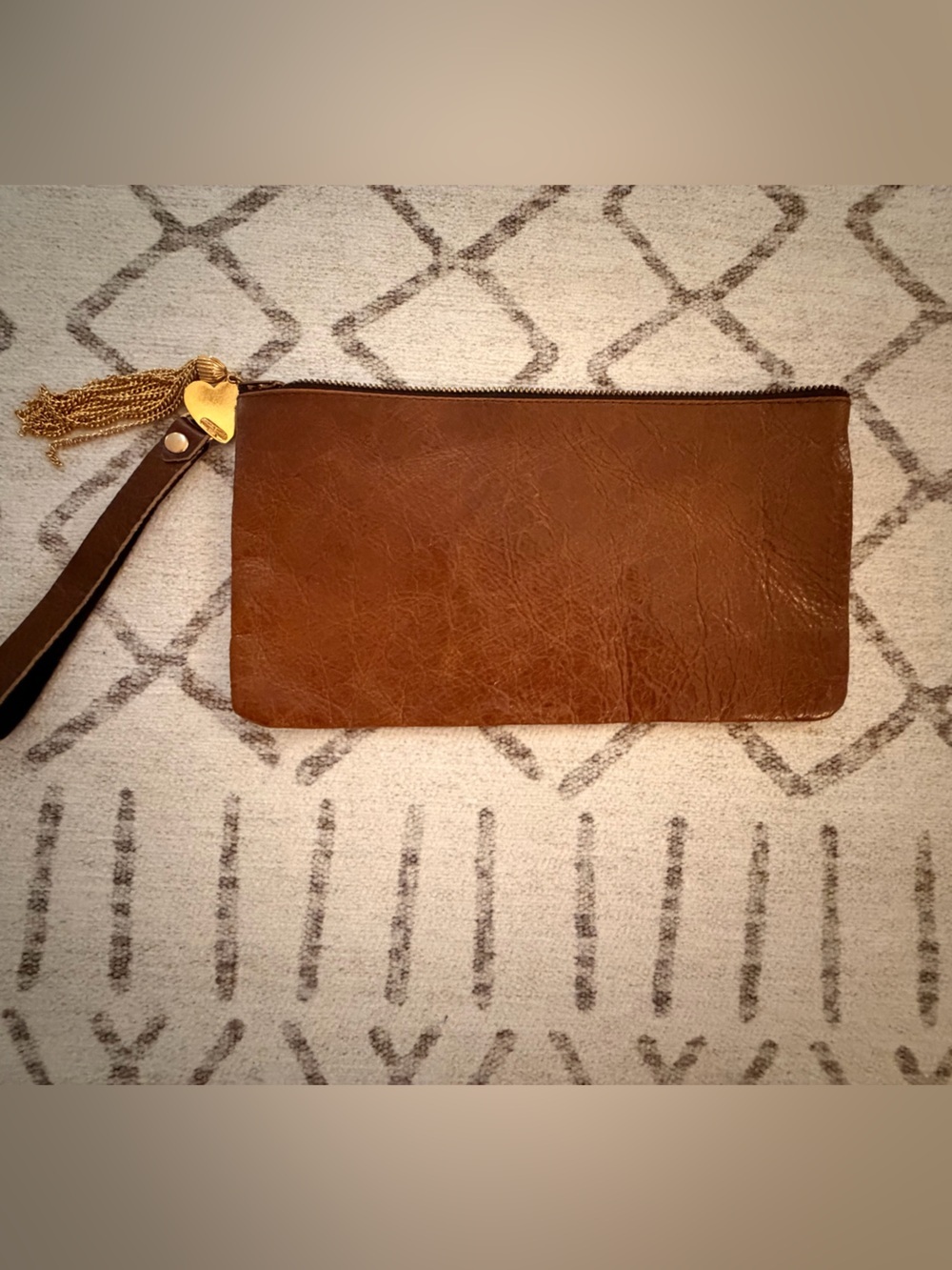 Moss Mills USA Genuine Leather Wristlet Clutch Cognac Brown Tassel YKK Zip